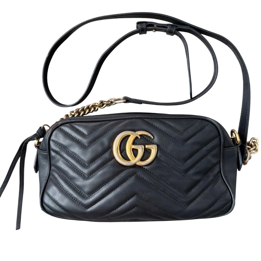 Gucci GG Marmont Matelassé Camera Bag Black Leather Gold Logo Crossbody